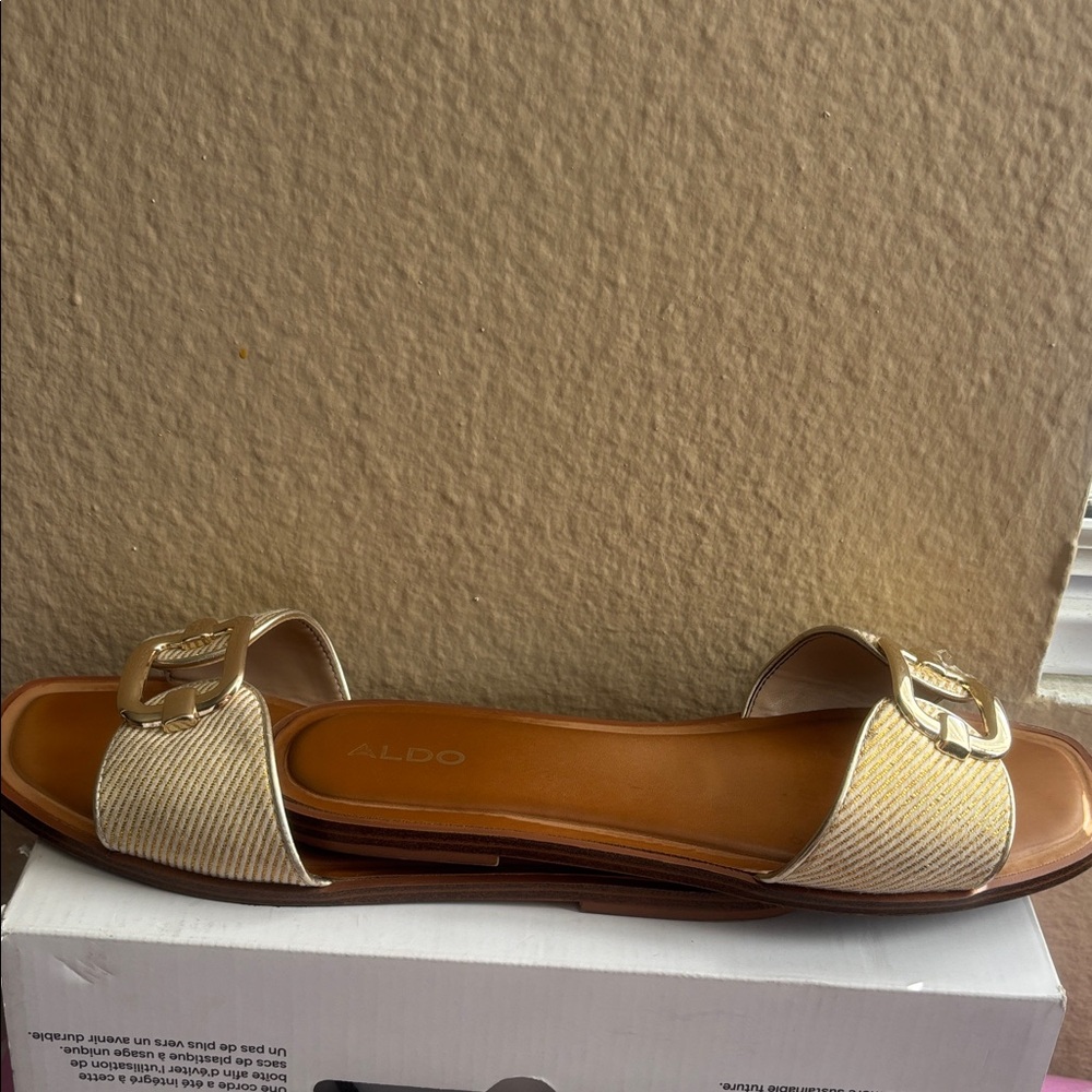 Aldo Metallic Gold and Tan Slide Sandals